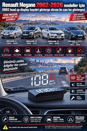 Renault Megane 2002-2026 modeller için OBD2 head up display hayalet gösterge ekranı ön cam hız göstergesi