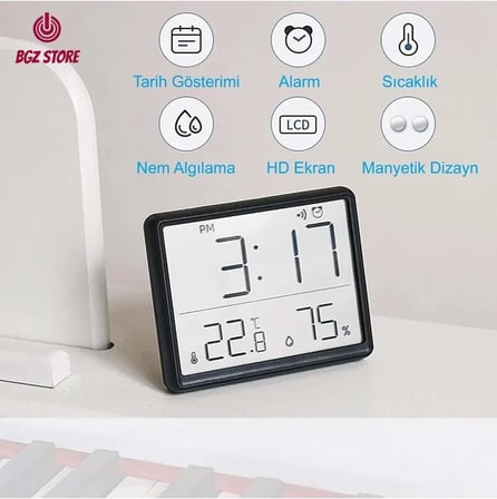 Dijital Mini Saat LCD Ultra İnce Mıknatıslı Buzdolabı saati Alarmlı Nem ve Sıcaklık Göstergeli 9x7cm
