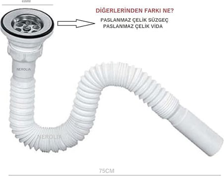 2 adet Lavabo Gider Hortumu/Körüklü Lavabo Sifonu/Eviye Gider Borusu (Paslanmaz Çelik Süzgeçli ve Vidalıdır)