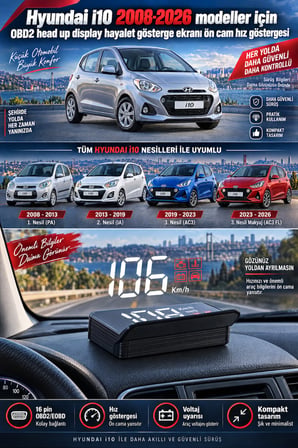 Hyundai i10 2008-2026 modeller için OBD2 head up display hayalet gösterge ekranı ön cam hız göstergesi