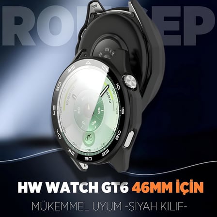 Huawei Watch GT6 46mm için 2’si 1 Arada Sert Polikarbonat Kasa ve Ekran Koruyuculu Kılıf Dokunma ve Netliği Etkilemeyen Çizilme ve Darbe Önleyici GT6 Ekran Koruyucu Kılıfı (Siyah)