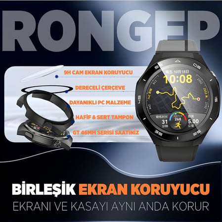 Huawei Watch GT6 46mm için 2’si 1 Arada Sert Polikarbonat Kasa ve Ekran Koruyuculu Kılıf Dokunma ve Netliği Etkilemeyen Çizilme ve Darbe Önleyici GT6 Ekran Koruyucu Kılıfı (Siyah)