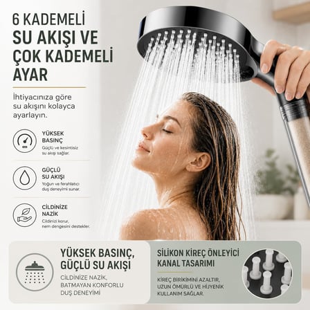 6 Fonksiyonlu Siyah Filtreli Duş Başlığı Yüksek Basınçlı Kireç Önleyici Arıtmalı Banyo Başlığı