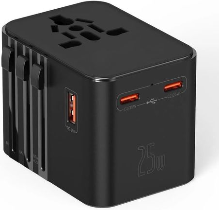 25W Evrensel Seyahat Adaptörü, EU/US/UK/AU Priz Dönüştürücü, 1x USB, 2x Type-C Hızlı Şarj
