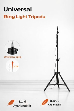 Universal Girişli Ring Light Tripodu 2.1 Metre Ayarlanabilir Işık Standı – Katlanabilir Hafif Tripod, Telefon Tutucu ve Kamera Uyumlu Yayıncı Standı