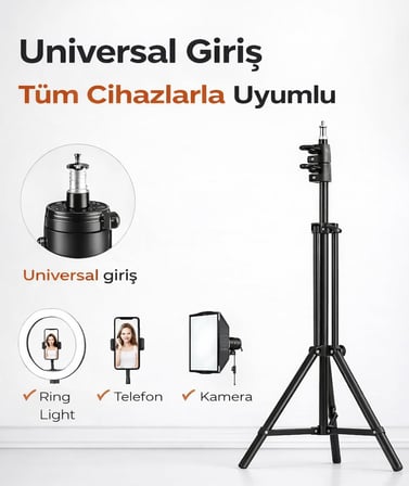 Universal Girişli Ring Light Tripodu 2.1 Metre Ayarlanabilir Işık Standı – Katlanabilir Hafif Tripod, Telefon Tutucu ve Kamera Uyumlu Yayıncı Standı