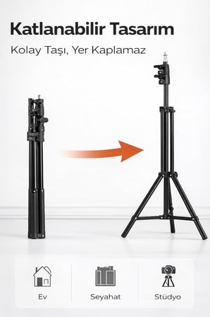 Universal Girişli Ring Light Tripodu 2.1 Metre Ayarlanabilir Işık Standı – Katlanabilir Hafif Tripod, Telefon Tutucu ve Kamera Uyumlu Yayıncı Standı