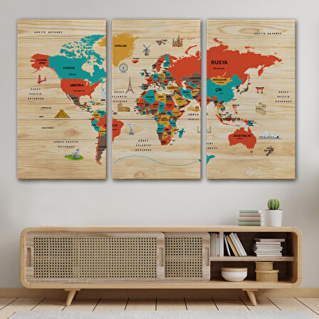 Harita Sepeti Ahşap Görünümlü Türkçe Dünya Haritası Dekoratif Kanvas Tablo 2070