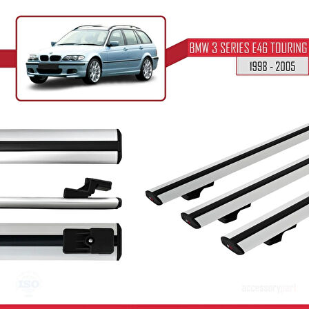 BMW 3 Serisi (E46) Touring 1999-2005 Arası ile Uyumlu BASIC Model Ara Atkı Tavan Barı Gri 3 Adet