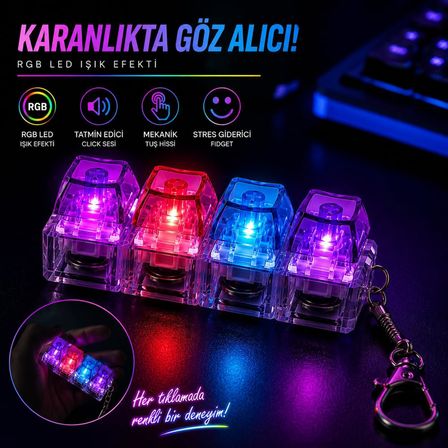 Işıklı Mini Klavye Anahtarlık, Click Sesli Mekanik Switch Fidget Oyuncak,RGB LED Işıklı Stres Giderici