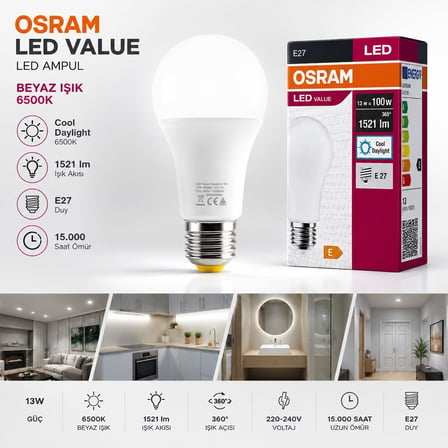 OSRAM LED Value Classic A100 E27 LED Ampul 13W 1521 Lümen 100W Eşdeğeri Uzun Ömürlü Enerji Tasarruflu Ampul 10'lu Paket (Beyaz Işık)