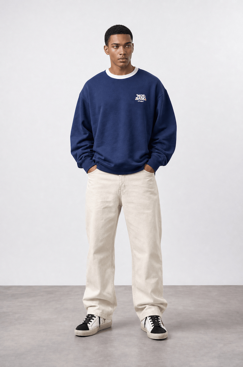 Erkek Not Basic Project Baskılı Oversize Sweatshirt Lacivert