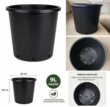 9L Uretim Saksisi — Ø24 Siyah Plastik Saksi — Fidan, Cicek, Yetistirme Kabi (6)