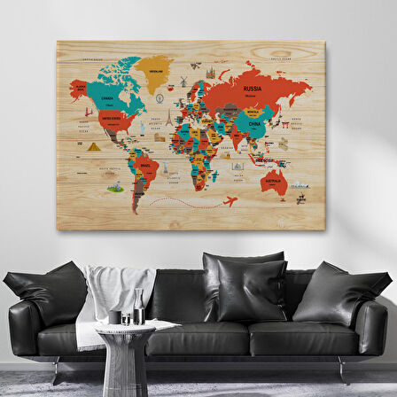 Harita Sepeti Ahşap Görünümlü Dünya Haritası Dekoratif Kanvas Tablo 2071