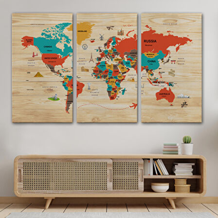 Harita Sepeti Ahşap Görünümlü Dünya Haritası Dekoratif Kanvas Tablo 2071