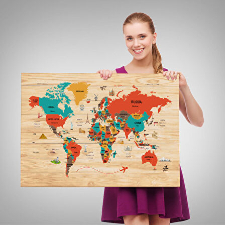 Harita Sepeti Ahşap Görünümlü Dünya Haritası Dekoratif Kanvas Tablo 2071