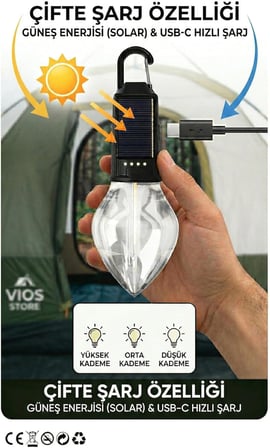 Solar ve Type-C Şarjlı Kamp Lambası | 3 Kademeli Işık, Şarj Göstergeli, Asılabilir Suya Dayanıklı Çadır ve Doğa Feneri