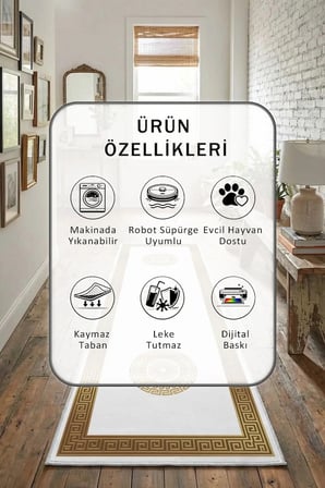 Yıkanabilir Kaymaz Versace Golday Düz Dijital Baskılı Yolluk Halı Tüy Tutmaz Gold
