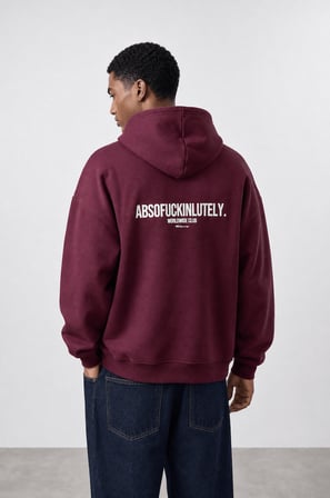 Erkek Absofuckinlutely Baskılı Oversize Hoodie Bordo