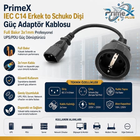 PrimeX PX-C14 0.35 Metre 3x1mm UPS PSU Schuko Çevirici Kablo, IEC C14 Erkek to Schuko Dişi UPS Priz Çevirici, Full Bakır Kısa Güç Adaptör Kablosu, PDU Server Rack Uyumlu