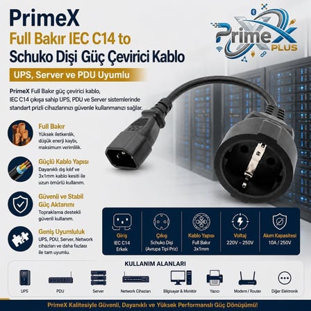 PrimeX PX-C14 0.35 Metre 3x1mm UPS PSU Schuko Çevirici Kablo, IEC C14 Erkek to Schuko Dişi UPS Priz Çevirici, Full Bakır Kısa Güç Adaptör Kablosu, PDU Server Rack Uyumlu