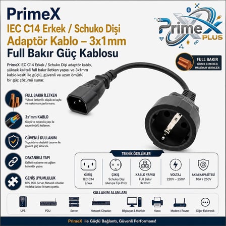 PrimeX PX-C14 0.35 Metre 3x1mm UPS PSU Schuko Çevirici Kablo, IEC C14 Erkek to Schuko Dişi UPS Priz Çevirici, Full Bakır Kısa Güç Adaptör Kablosu, PDU Server Rack Uyumlu