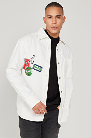Erkek Ekru Oversize Fit Bol Kesim Klasik Yaka Kareli Gömlek