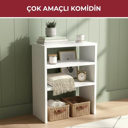 Yakut Ayaklı İki Bölmeli Çok Amaçlı Komodin – Beyaz, Modern Tasarım, Açık Raf Ünitesi