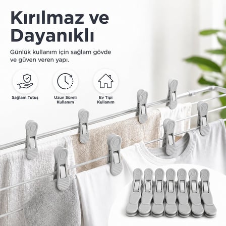 SOGUD Çamaşır Mandalı 24 Adet - İz Yapmaz Kırılmaz Plastik Mandal Seti - Yaysız Paslanmaz Tasarım - Güçlü Tutuşlu Kaydırmaz Dişli Çamaşır Klipsi - Beyaz ve Gri Renkli