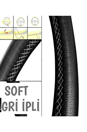 Peugeot 207 Uyumlu Dikmeli Direksiyon Kılıfı Kokusuz Terletmez Soft Gri Ipli(38×10CM)