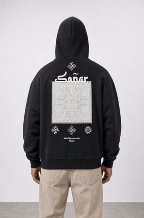 Erkek Sonar Nakışlı Oversize Hoodie Siyah