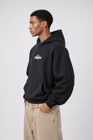 Erkek Sonar Nakışlı Oversize Hoodie Siyah