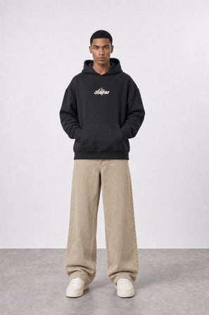 Erkek Sonar Nakışlı Oversize Hoodie Siyah