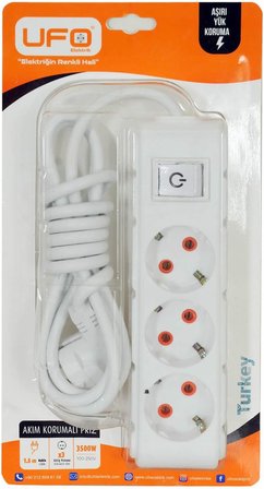 3lü Akım Korumalı Priz 5 metre Kablolu Grup Priz, Max 3500W Aşırı Yük Koruması 3lü Uzatma Kablosu Çoklu Priz Beyaz Renk