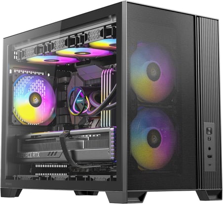 Antec Flux M, 3 x 120 PWM ARGB, 3 x 120 PWM Ters Fanlar Dahil, Dikey Hava Akımı Tasarımı, 360mm Üst Radyatör Desteği, Tip-C 3.2 Gen 2, Tam Boy Toz Filtreleri, Kompakt Micro-ATX Oyun Kasası