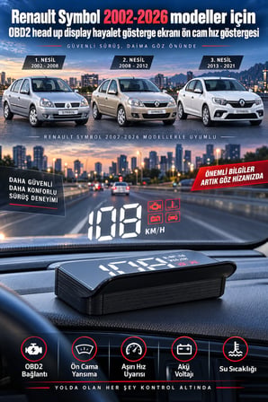 Renault Symbol 2002-2026 modeller için OBD2 head up display hayalet gösterge ekranı ön cam hız göstergesi