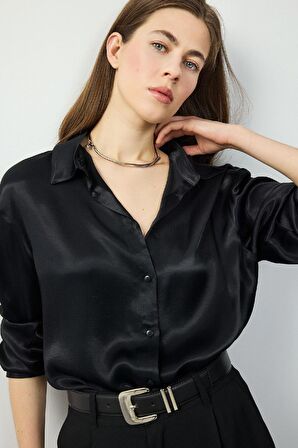Regular Fit Gömlek Yaka Saten Basic Düz Uzun Kollu Gömlek