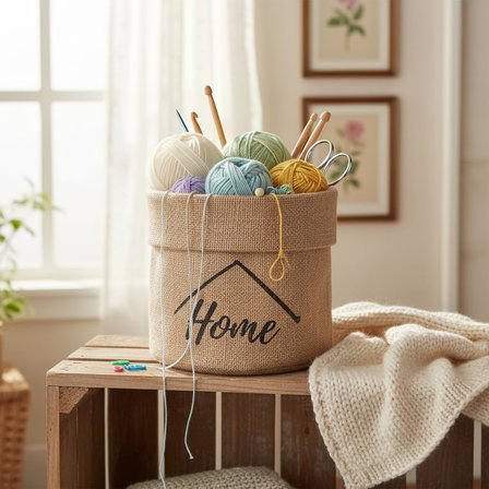 "Home" Mini Jüt Saksı Kılıfı (Çap 14Cm, Yükseklik 15Cm) – Krem Renk Katlanabilir Kumaş Bitki Sepeti | Masaüstü Dekoratif Kalemlik, Makyaj Fırçalık, Küçük Eşya Düzenleyici