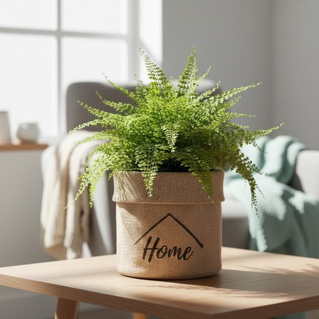 "Home" Mini Jüt Saksı Kılıfı (Çap 14Cm, Yükseklik 15Cm) – Krem Renk Katlanabilir Kumaş Bitki Sepeti | Masaüstü Dekoratif Kalemlik, Makyaj Fırçalık, Küçük Eşya Düzenleyici