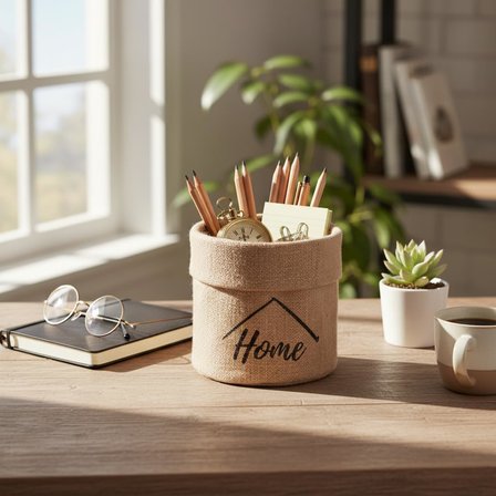 "Home" Mini Jüt Saksı Kılıfı (Çap 14Cm, Yükseklik 15Cm) – Krem Renk Katlanabilir Kumaş Bitki Sepeti | Masaüstü Dekoratif Kalemlik, Makyaj Fırçalık, Küçük Eşya Düzenleyici
