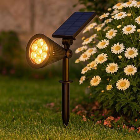 7W Solar LED Bahçe Armatürü Amber Işık – Güneş Enerjili Kazıklı &amp; Duvar Montajlı Çim Aydınlatma Lambası – 7 LED, IP65, 90 Lümen, 140x270x95 mm