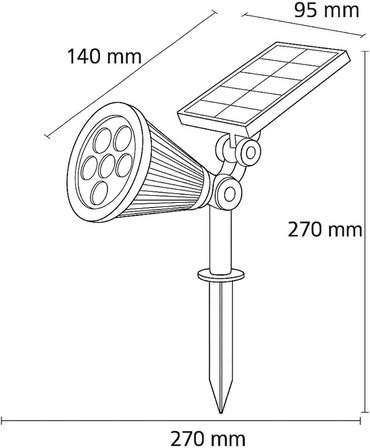 7W Solar LED Bahçe Armatürü Amber Işık – Güneş Enerjili Kazıklı &amp; Duvar Montajlı Çim Aydınlatma Lambası – 7 LED, IP65, 90 Lümen, 140x270x95 mm