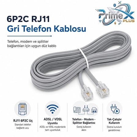 PrimeX PX-KKT20 2CX0.10mmx7 20 Metre ADSL RJ11 Telefon Kablosu Gri, ADSL, VDSL 2 Canlı Kablo