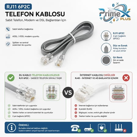 PrimeX PX-KKT20 2CX0.10mmx7 20 Metre ADSL RJ11 Telefon Kablosu Gri, ADSL, VDSL 2 Canlı Kablo