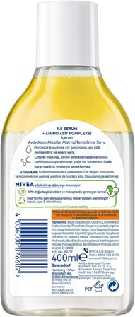 NIVEA Micellar Aydınlatıcı Makyaj Temizleme Suyu 400 ml,Suya Dayanıklı Makyajı Çıkarır,Ovalama Gerektirmez,Serum İçerikli,C Vitamini,E Vitamini,