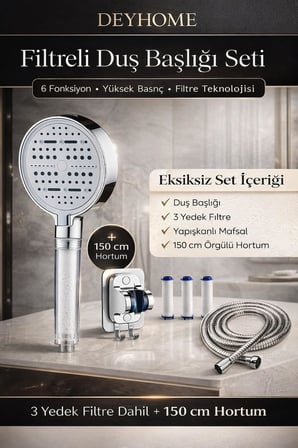 4'lü Set Filtreli Duş Başlığı 6 Fonksiyonlu Yüksek Basınçlı, Yapışkanlı Askı, Örgülü Hortum ve Yedek Filtre Seti