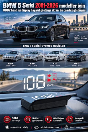BMW 5 Serisi 2001-2026 modeller için OBD2 head up display hayalet gösterge ekranı ön cam hız göstergesi