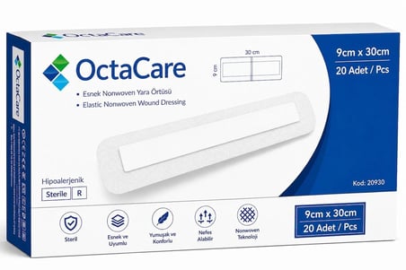 Octacare Esnek Steril Nonwoven Yara Örtüsü 9cm×30cm (20 Adet)