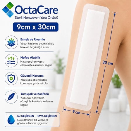 Octacare Esnek Steril Nonwoven Yara Örtüsü 9cm×20cm (50 Adet)