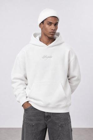 Erkek Rosette Nakışlı Oversize Hoodie Ekru